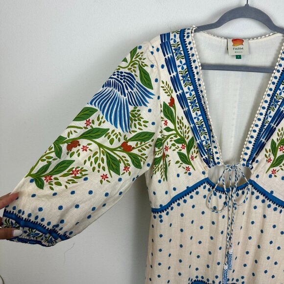 Farm Rio Off White Macaw Flight Maxi Dress L Boho Linen Blend Tiered Summer - Picture 4 of 14